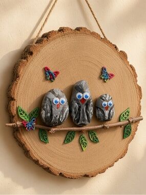 Handcrafted Owl Wall Decor with Natural Wood and Stone